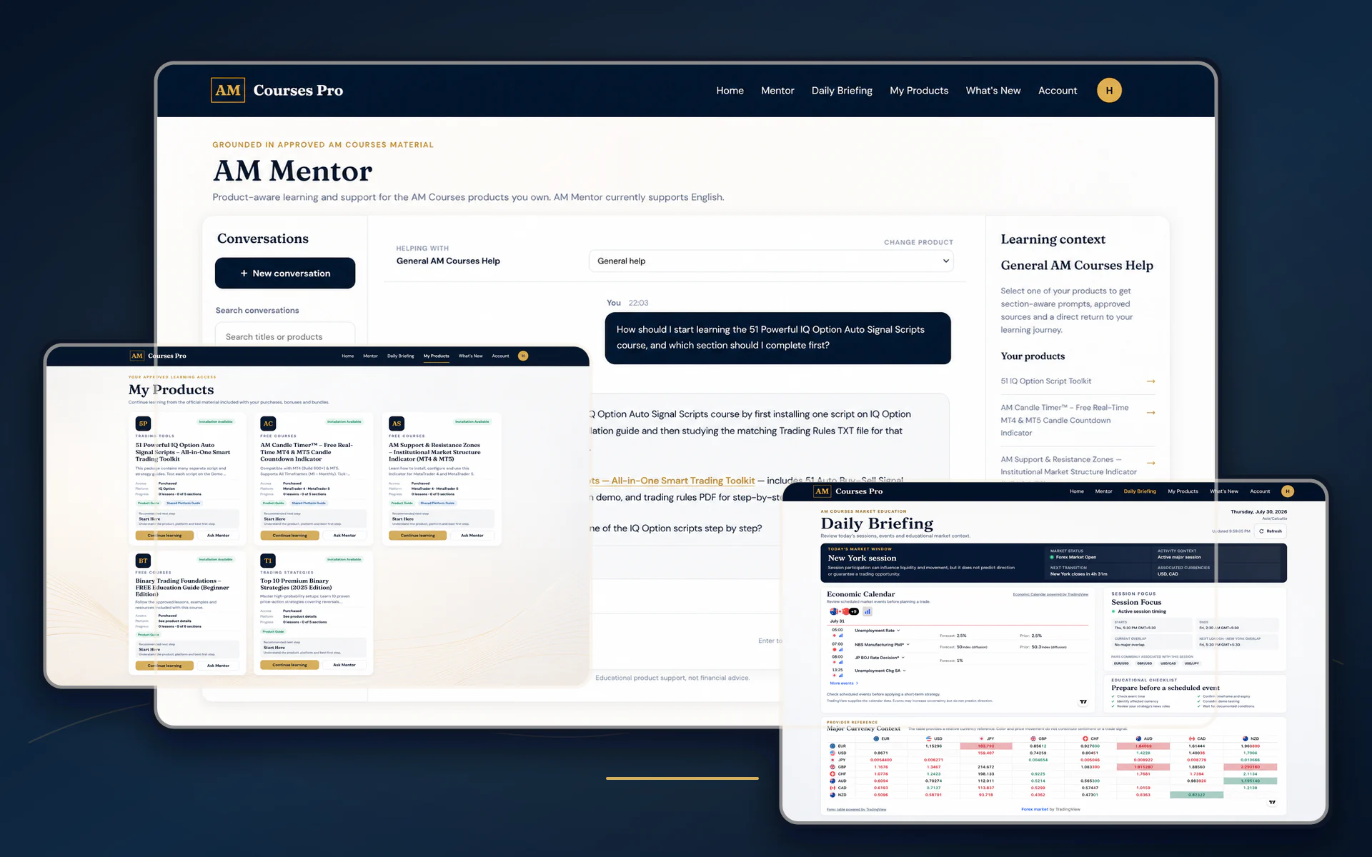 Approved composite preview of My Products, AM Mentor, and Daily Briefing